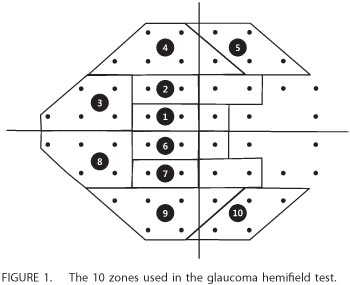 Figure 1 - the 10 zones used in the glaucoma hemifield test